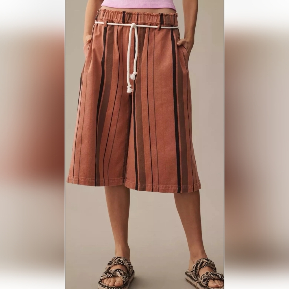 Anthropologie PILCRO Cropped Wide-Leg Jeans Striped Oversized Siz L Coast Whimsy